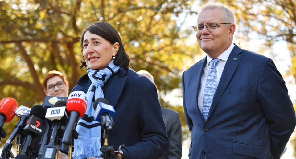 Prime Minister Scott Morrison is joined by NSW Premier Gladys Berejiklian during a press conference in Richmond, Sydney, June 7, 2021. Source: AAP