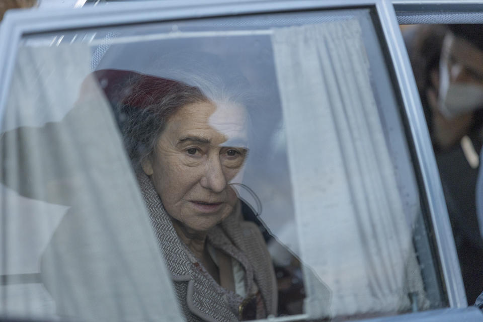 This image released by Bleecker Street shows Helen Mirren as Golda Meir in a scene from. the film "Golda." (Bleecker Street via AP)