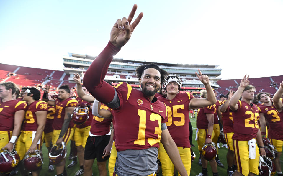 Quarterback Caleb Williams had a strong debut with USC, leading the Trojans to a blowout win over Rice on Saturday in Los Angeles. (Photo by Keith Birmingham/MediaNews Group/Pasadena Star-News via Getty Images)
