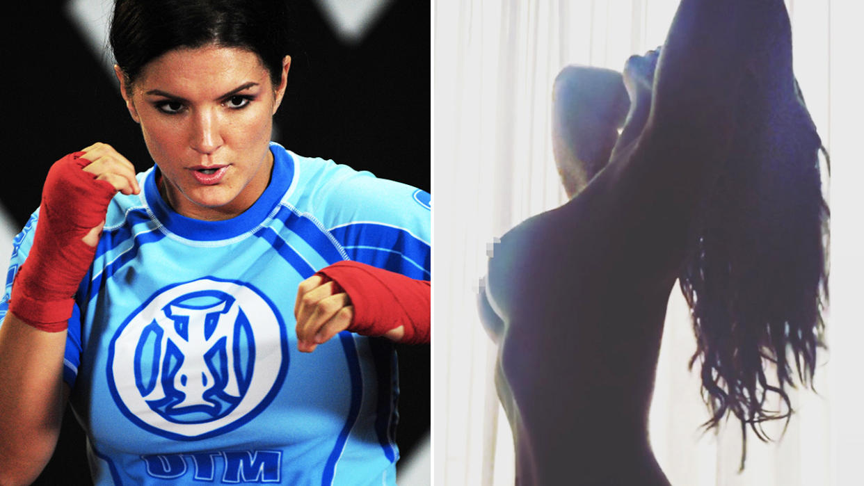 Gina Carano, pictured here during her MMA career and on Instagram.