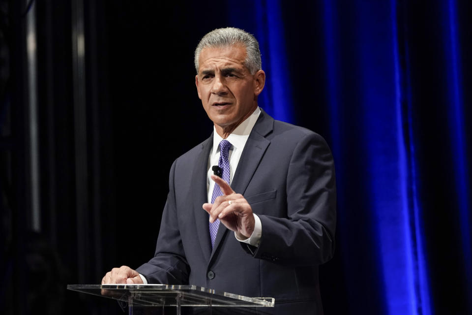 Republican challenger Jack Ciattarelli speaks during a gubernatorial debate with Incumbent Gov. Phil Murphy, D-N.J. at Rowan University's Pfleeger Concert Hall Tuesday, Oct. 12, 2021, in Glassboro, N.J. (AP Photo/Frank Franklin II, Pool)