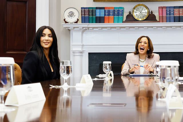 <p>Chip Somodevilla/Getty</p> Reality television star and businesswoman Kim Kardashian (2nd L) joins Vice President Kamala Harris, White House Office of Public Engagement Director Steve Benjamin (R) and Jason Hernandez as they participate in a roundtable discussion on criminal justice reform at the White House