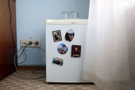 Magnets with pictures of Russian President Vladimir Putin on them are seen on a fridge in this photo illustration taken in a hotel room in Kazan, Russia, July 24, 2015. REUTERS/Stefan Wermuth