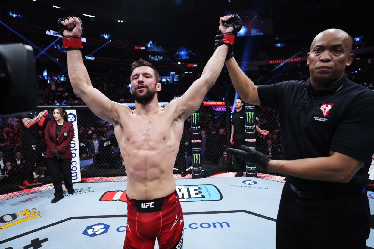 LAS VEGAS, NEVADA - MARCH 04: Mateusz Gamrot of Poland reacts to his win over Jalin Turner in a lightweight fight during the UFC 285 event at T-Mobile Arena on March 04, 2023 in Las Vegas, Nevada. (Photo by Jeff Bottari/Zuffa LLC via Getty Images)