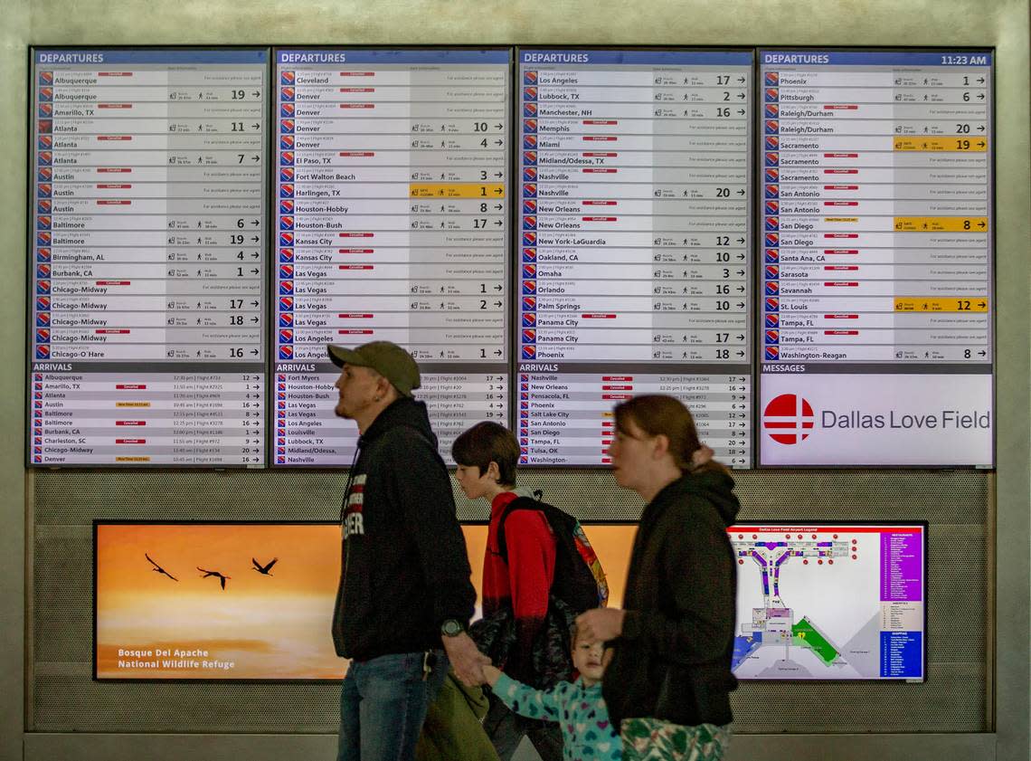 The status board inside the concourse at Dallas Love Field Airport Wednesday, Dec. 28, 2022, still showed quite a few flights canceled.