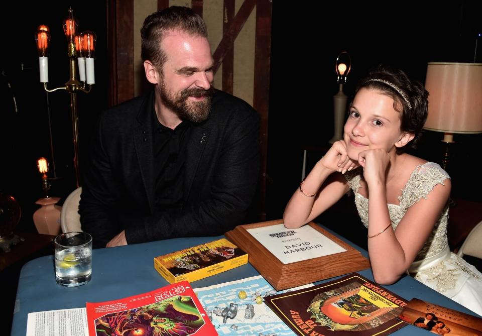 LOS ANGELES, CA - JULY 11: Actors David Harbour and Millie Brown attend the after party for the premiere of Netflix's "Stranger Things" at Mack Sennett Studios on July 11, 2016 in Los Angeles, California. (Photo by Alberto E. Rodriguez/Getty Images)