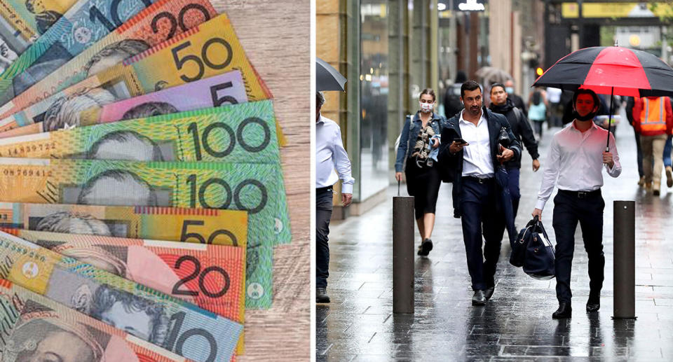 Australian currency fanned out and people walking in the Sydney CBD holding umbrellas to represent floods.