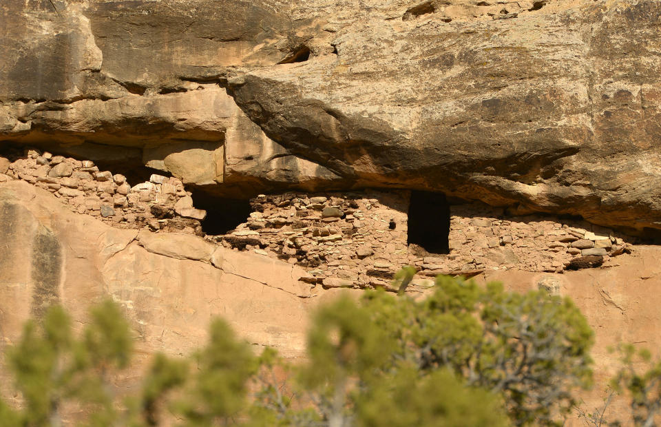 In this April 24, 2014 photo, Pueblo III-period cliff dwellings created by the Anasazi or Ancestral Puebloan peoples between 1150 and 1300 A.D. in Recapture Canyon near Blanding, in Utah. The Bureau of Land Management closed it to motorized use in 2007. Recapture Canyon is home to dwellings, artifacts and burials left behind by Ancestral Puebloans hundreds of years ago before they mysteriously disappeared. Environmentalists and Native Americans say the ban is needed to preserve the fragile artifacts. (AP Photo/The Salt Lake Tribune, Leah Hogsten) DESERET NEWS OUT; LOCAL TV OUT; MAGS OUT