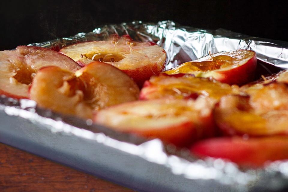 Baked peaches are brimming with deeply flavourful juices.