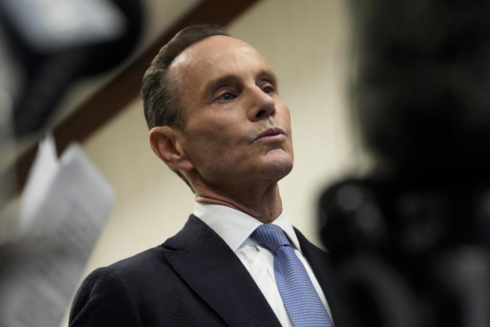 Special Prosecutor Jed Silverman listens to prosecutor Brian Wice, not in picture, address reporters after Texas Attorney General Ken Paxton agreed to pre-trial diversion in his securities fraud case Tuesday, March 26, 2024 at Harris County Criminal Courts at Law in Houston. Paxton, on Tuesday, agreed to pay nearly $300,000 in restitution under a deal to end criminal securities fraud charges that have shadowed the Republican for nearly a decade. (Yi-Chin Lee/Houston Chronicle via AP)