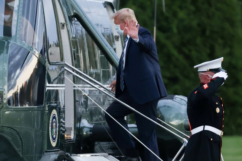 U.S. President Donald Trump departs for return trip to White House at Walter Reed National Military Medical Center in Bethesda, Maryland