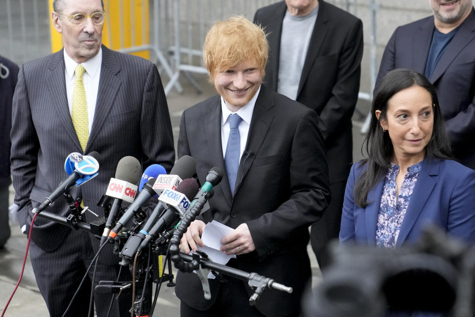 Recording artist Ed Sheeran speaks to the media outside New York Federal Court after wining his copyright infringement trial, Thursday, May 4, 2023, in New York. A federal jury concluded that Sheeran didn't steal key components of Marvin Gaye’s classic 1970s tune “Let’s Get It On” when he created his hit song “Thinking Out Loud.” (AP Photo/John Minchillo)