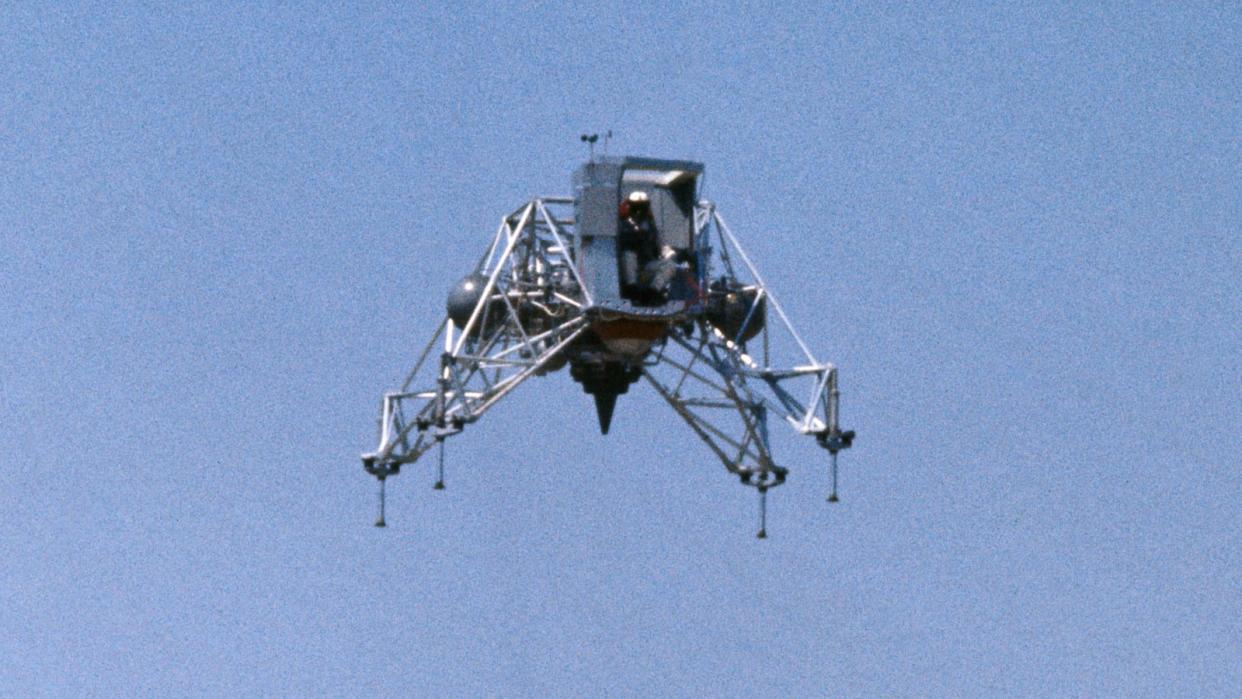  Neil Armstrong pilots the lunar lander training vehicle for the Apollo 11 mission. 