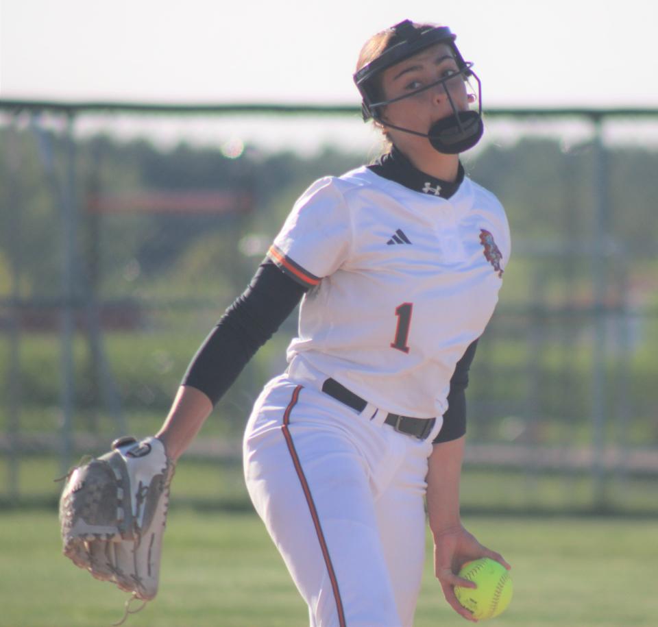 Cheboygan's Emerson Eustice delivers a pitch during game two of a softball doubleheader against Traverse City Central at home on Thursday.