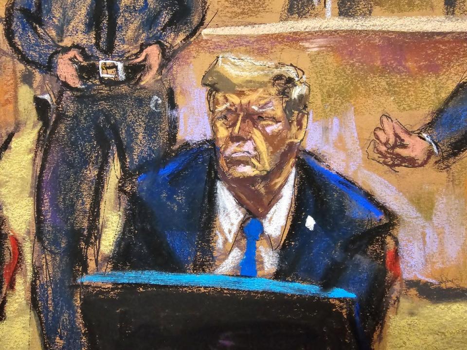 A court sketch shows Trump sitting in the courtroom. He was forced to listen to a wide range of opinions about him, many negative (REUTERS)