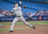 Aug 10, 2018; Toronto, Ontario, CAN; Tampa Bay Rays starting pitcher Blake Snell (4) throws a pitch during the first inning against the Toronto Blue Jays at Rogers Centre. Mandatory Credit: Nick Turchiaro-USA TODAY Sports