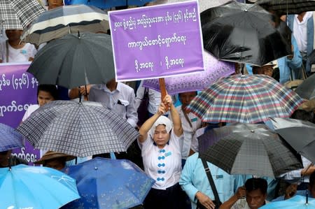 People who oppose the amending of Myanmar's constitution gather at a rally in Yangon