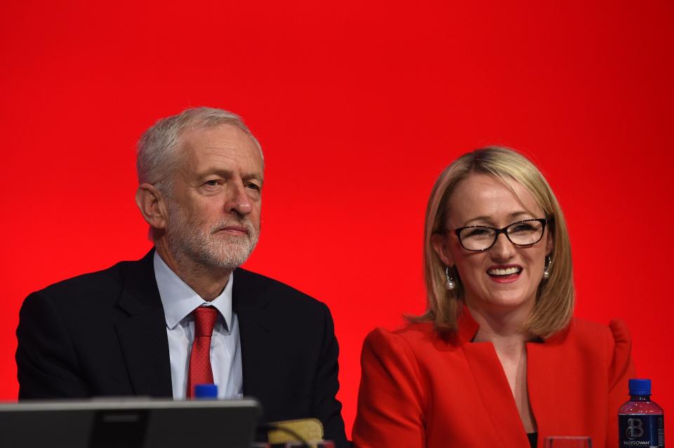 Opposition Labour party shadow Business secretary Rebecca Long-Bailey (R) smiles by leader Jeremy Corbyn after addressing delegates on the third day of the Labour party conference in Liverpool, north west England on September 25, 2018. (Photo by Oli SCARFF / AFP)        (Photo credit should read OLI SCARFF/AFP/Getty Images)