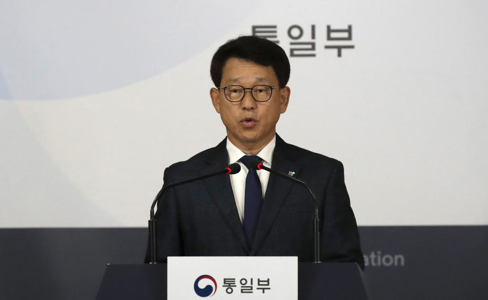 South Korea's Unification Ministry's spokesman Yoh Sang-key speaks during a briefing at the government complex in Seoul, South Korea, Wednesday, June 10, 2020. South Korea’s government on Wednesday said it will sue two activist groups that have sent anti-Pyongyang leaflets and plastic bottles filled with rice to the North for allegedly creating tensions between the rivals. (AP Photo/Lee Jin-man)