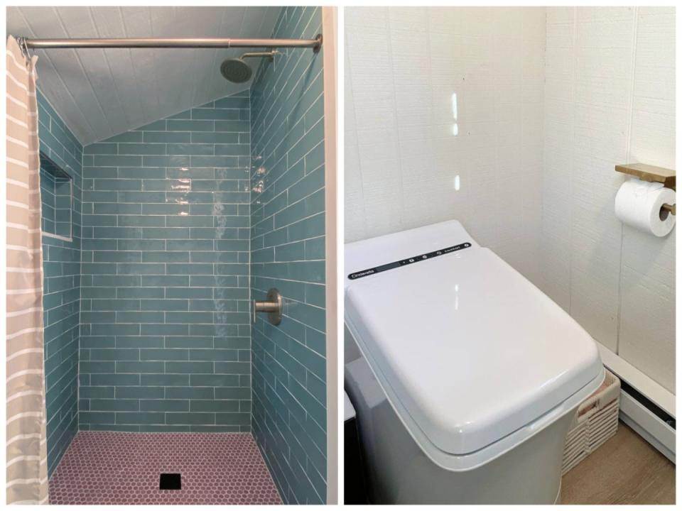 Left, a blue tiled shower. Right, a white toilet.