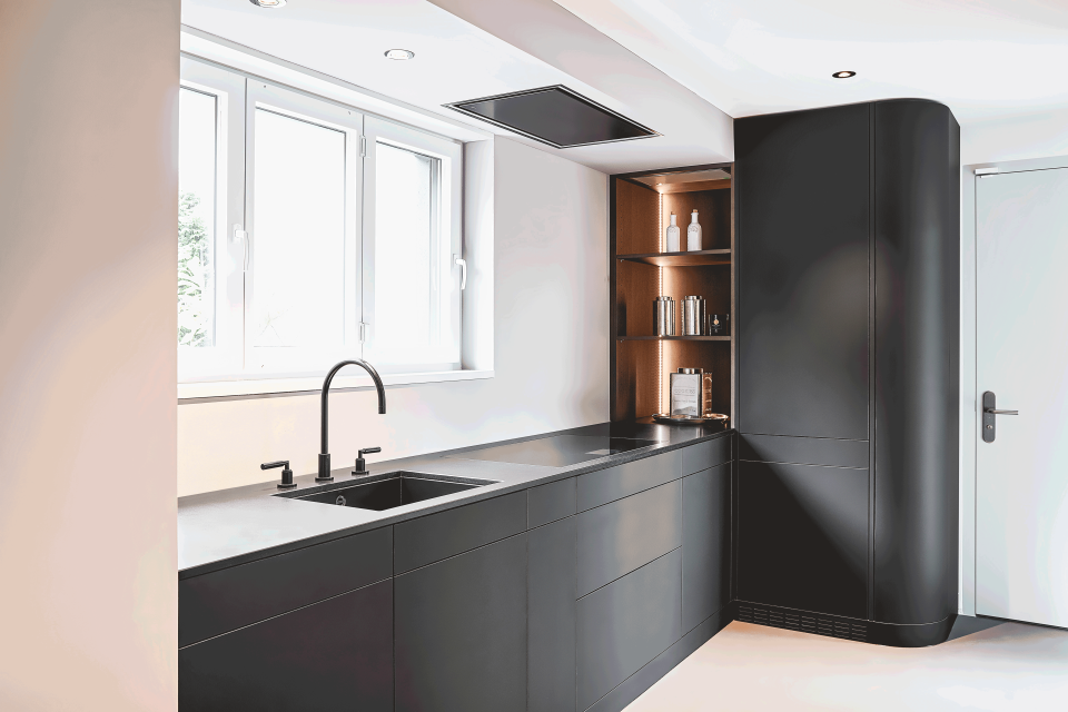 black kitchen with black sink