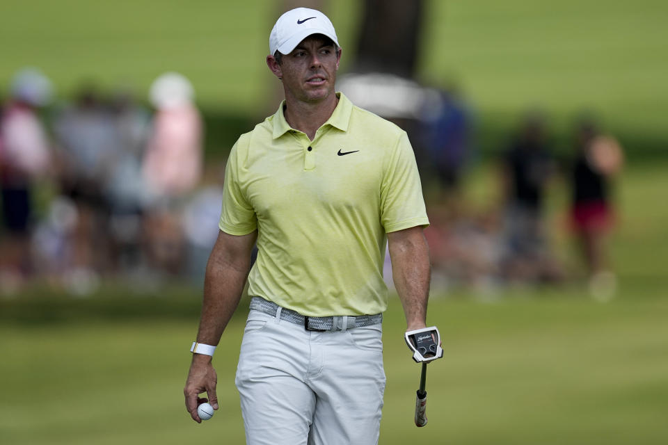 Rory McIlroy, of Northern Ireland, walks off the fifth green during the third round of the Tour Championship golf tournament, Saturday, Aug. 26, 2023, in Atlanta. (AP Photo/Mike Stewart)