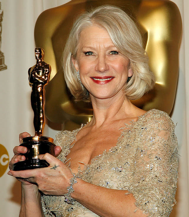 Helen Mirren has two interlocking ‘V’s on her left hand, which apparently means ‘love thy neighbour’.