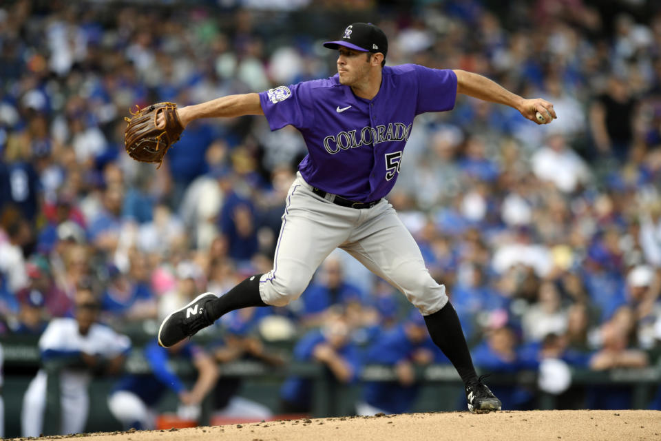 Colorado Rockies starter Ty Blach pitches during the first inning of a baseball game against the Chicago Cubs, Sunday, Sept. 24, 2023, in Chicago. (AP Photo/Paul Beaty)