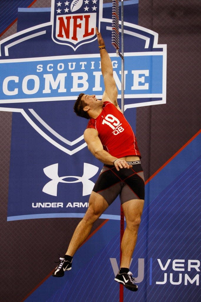 Tim Tebow performs the vertical jump during the 2010 NFL Scouting Combine.