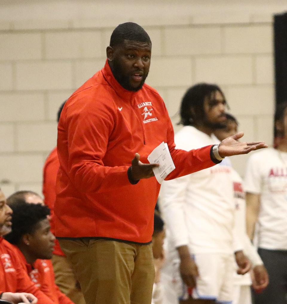 Alliance boys basketball coach Sean Weatherspoon reacts to a play in a district semifinal Thursday, March 2, 2023, at Boardman High School.