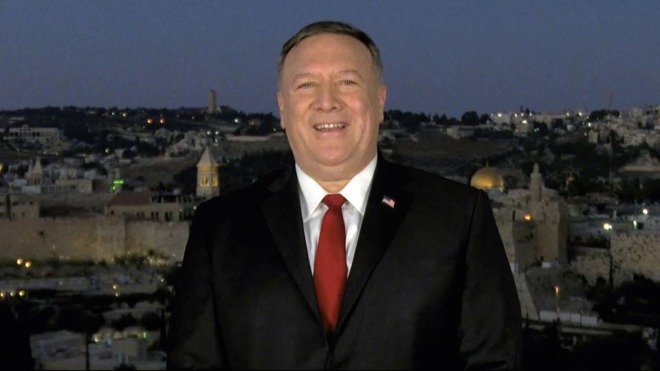 In this image from video, Secretary of State Michael R. Pompeo speaks from Jerusalem during the second night of the RNC.