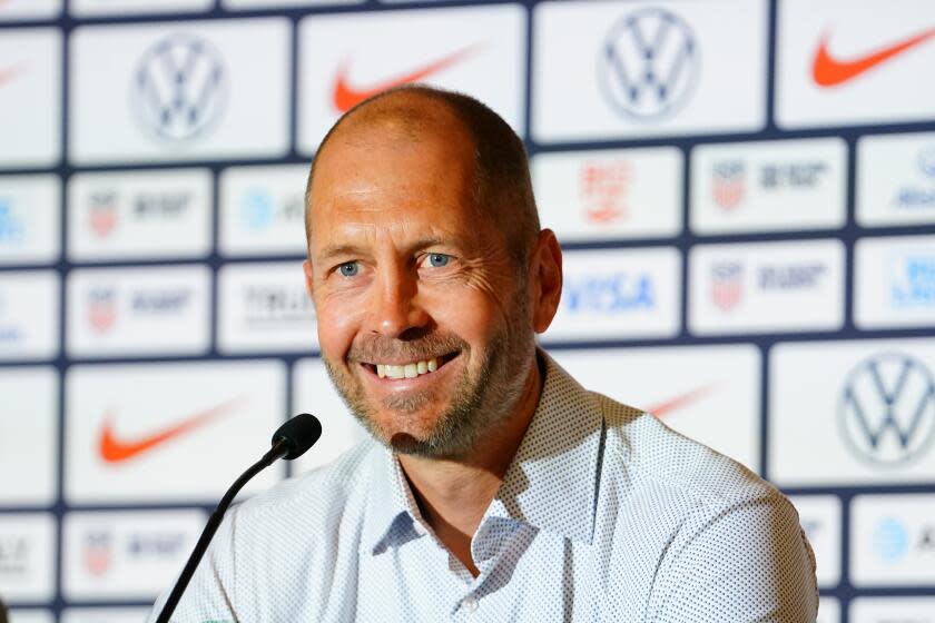 United States men's national soccer team head coach Gregg Berhalter smiles during a news conference Friday, June 16, 2023, in Las Vegas. (AP Photo/Lucas Peltier)