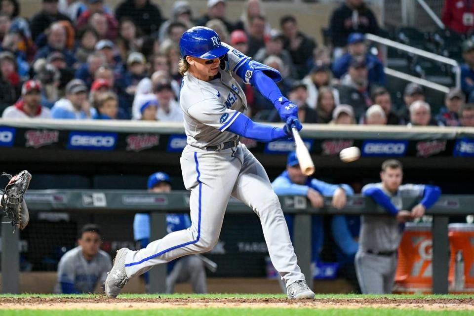 Kansas City Royals’ Bobby Witt hits an RBI double off Minnesota Twins pitcher Tyler Duffey during the eighth inning of a baseball game Thursday, May 26, 2022, in Minneapolis. The Royals won 3-2. (AP Photo/Craig Lassig)