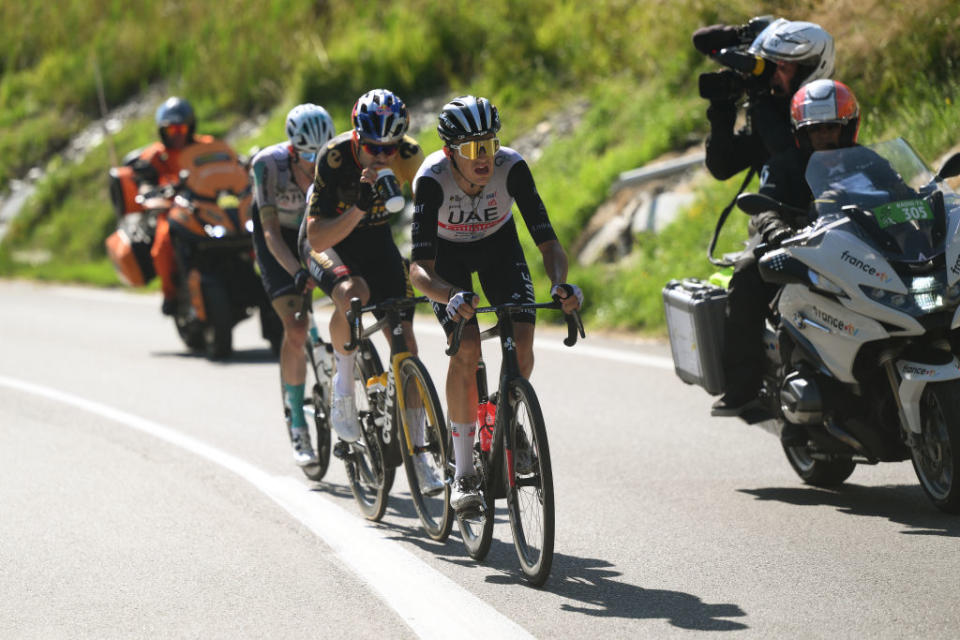 SAINTGERVAIS MONTBLANC FRANCE  JULY 16 LR Wout Poels of The Netherlands and Team Bahrain Victorious Wout Van Aert of Belgium and Team JumboVisma and Marc Soler of Spain and UAE Team Emirates compete in the breakaway during the stage fifteen of the 110th Tour de France 2023 a 179km stage from Les Gets les Portes du Soleil to SaintGervais MontBlanc 1379m  UCIWT  on July 16 2023 in SaintGervais MontBlanc France Photo by David RamosGetty Images