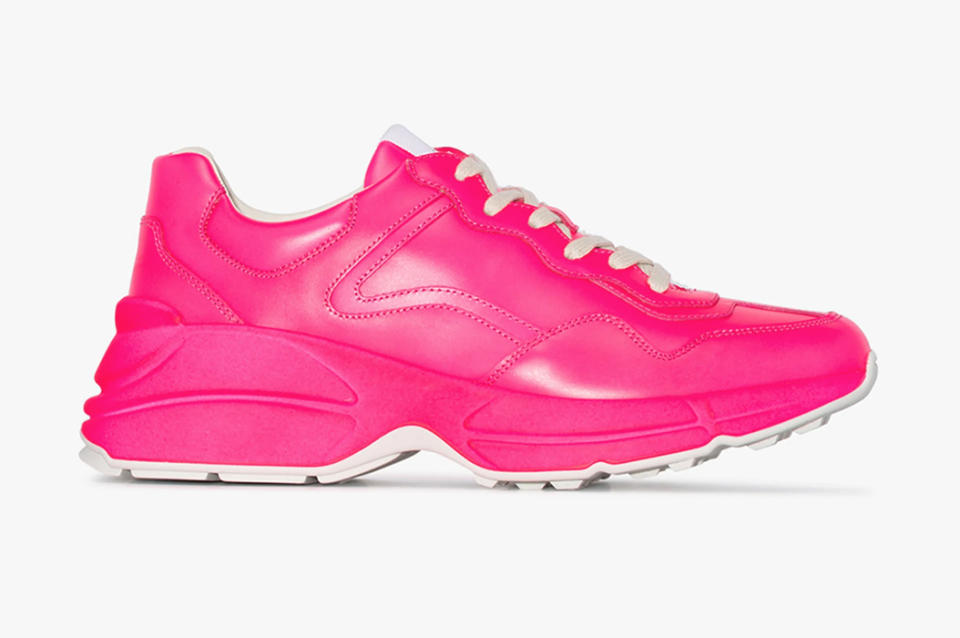 celine dion, hot pink, prada, neon, shoes, pink, sneakers, balenciaga