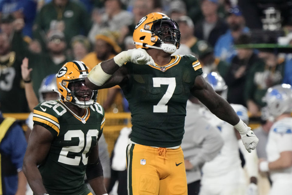 Green Bay Packers linebacker Quay Walker (7) celebrates after making a tackle during the second half of an NFL football game against the Detroit Lions, Thursday, Sept. 28, 2023, in Green Bay, Wis. (AP Photo/Morry Gash)