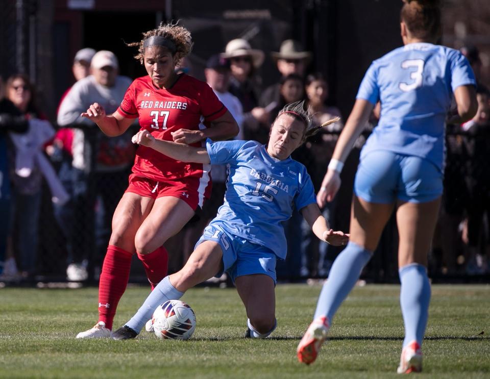 Texas Tech's forward Ashleigh Williams (37) and North Carolina's forward Avery Patterson (15) compete for the ball during the Sweet 16 round of the NCAA soccer tournament, Sunday, Nov. 19, 2023, at John Walker Soccer Complex.