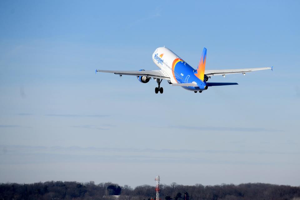 An Allegiant Air flight to Punta Gorda, Florida, takes off from a runway in March as Allegiant Air resumed service at the Akron-Canton Airport.