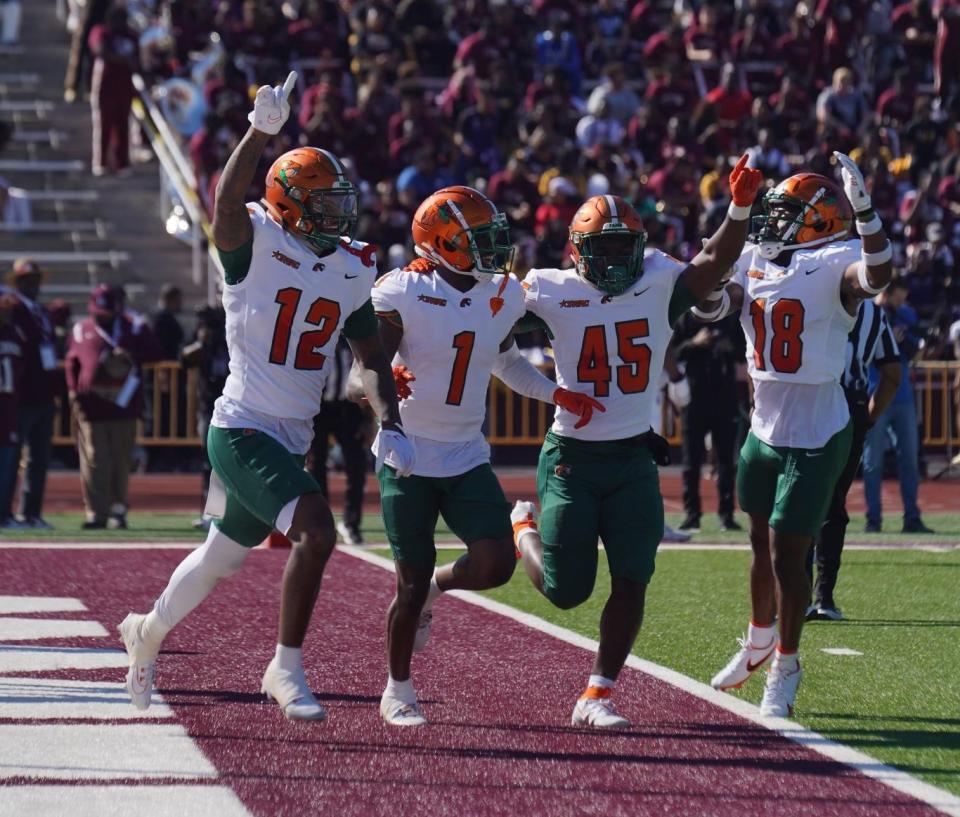 Florida A&M players celebrates Lovie Jenkins (1) 15-yard special teams touchdown Alabama A&M in a Southwestern Athletic Conference game at Louis Crews Stadium in Huntsville, Alabama, Saturday, November 4, 2023. Ricky Murray is pictured on the far left, wearing jersey No. 18.