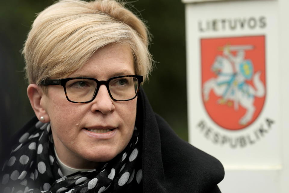 Lithuanian Prime Minister Ingrida Simonyte speaks to media at the border guard headquarters near the border with Belarus, in Kapciamiestis, Lithuania November 10, 2021. RUTERS/Ints Kalnins REFILE- CORRECTING SPELLING OF LAST NAME