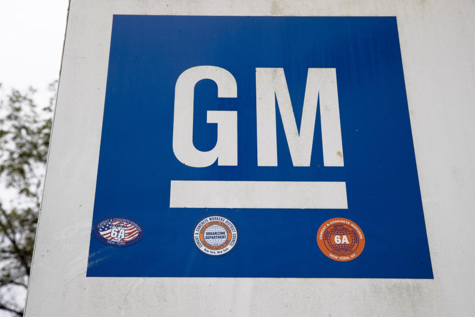 FILE - A sign at a General Motors facility, Oct. 16, 2019, in Langhorne, Pa. A joint venture between General Motors and South Korean battery company LG Energy Solution is set to receive a $2.5 billion loan from the Energy Department to build battery cell factories for electric vehicles in three states. T(AP Photo/Matt Rourke, File)