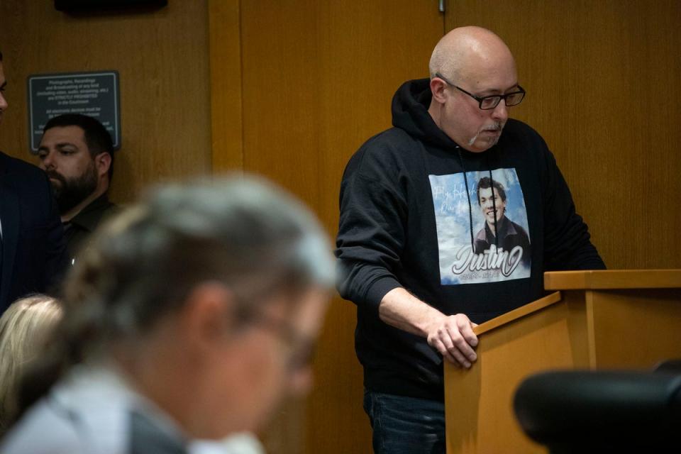 Jennifer Crumbley listens as Craig Shilling, father of Justin Shilling, one of the four Oxford High School students who were shot and killed by mass school shooter Ethan Crumbley, reads a victim impact statement at the sentencing of Jennifer and James Crumbly, the parents of Ethan Crumbley, be sentenced on four counts of involuntary manslaughter on April 9, 2024 at Oakland County Circuit Court in Pontiac, Michigan. (Getty Images)