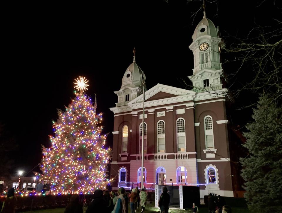 The Venango County Courthouse is pictured Nov. 18, 2023, during Light-Up Night, the annual event that kicks off the holiday season in Franklin, Pa.