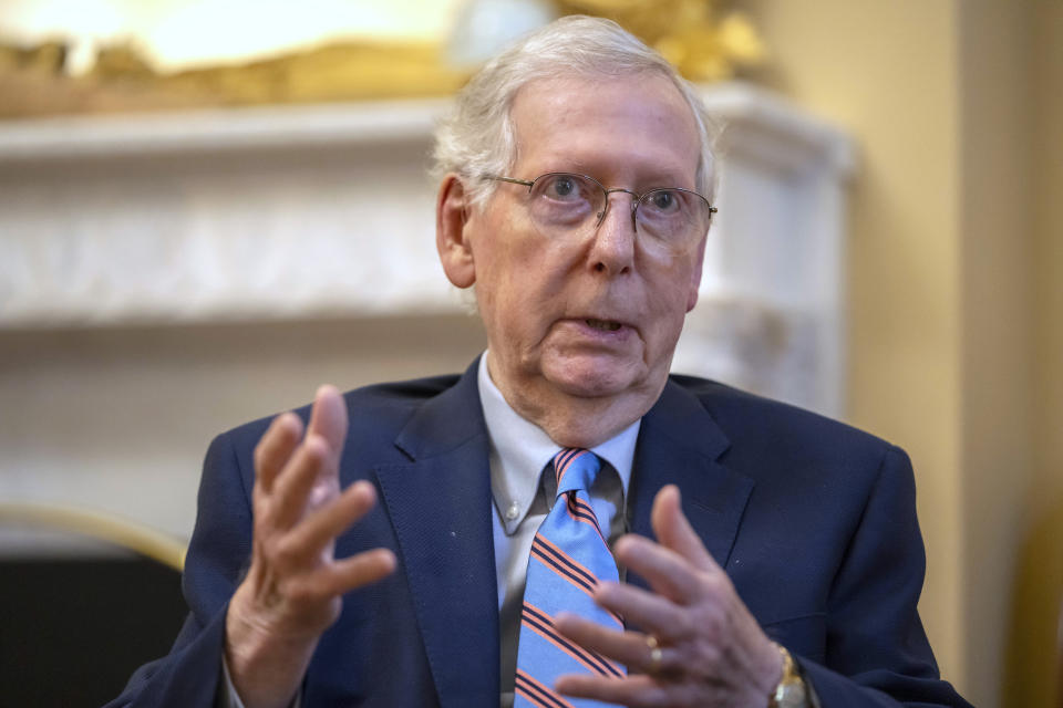 Senate Minority Leader Mitch McConnell of Ky., speaks during an interview with the Associated Press at his office in the Capitol, Monday, Nov. 6, 2023 in Washington. (AP Photo/Mark Schiefelbein)