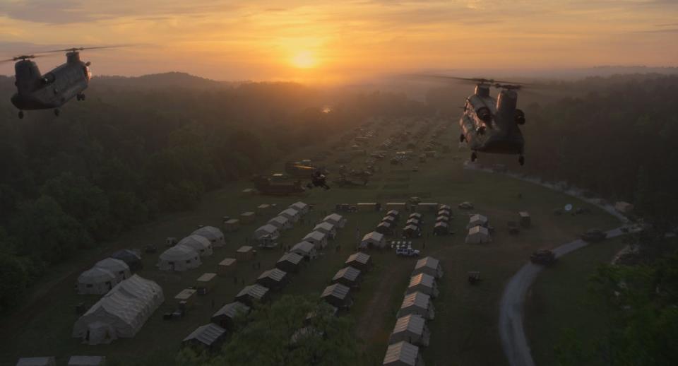 Helicopters arrive at the launching point as the so-called Western Forces prepare to take Washington D.C.