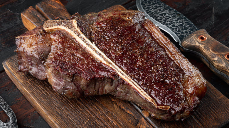 well seared steak on cutting board