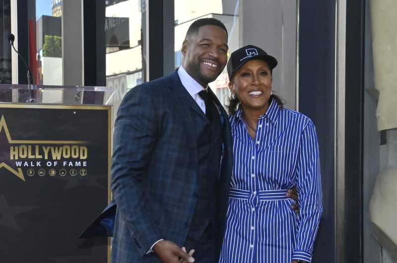Robin Roberts (R) and Michael Strahan attend Strahan's Hollywood Walk of Fame ceremony in January. File Photo by Jim Ruymen/UPI