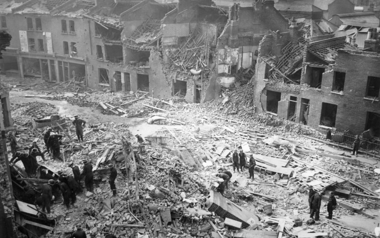 The wreckage of a residential street in south London, bombed during a World War II air raid