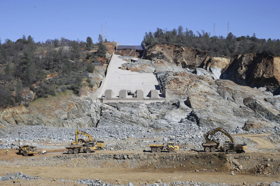FILE - In this Feb. 28, 2017, file photo, construction crews clear rocks away from Oroville Dam's crippled spillway in Oroville, Calif. With stormy weather approaching, California plans to resume releasing water down the damaged spillway at the nation's tallest dam. (AP Photo/Rich Pedroncelli, File)
