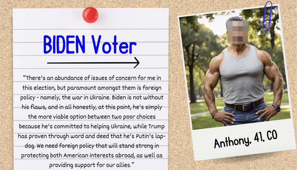 "The image features a handwritten note titled 'BIDEN Voter' with a summary of reasons supporting President Biden, alongside a photo of Anthony, 41, CO, in a sleeveless shirt and jeans."